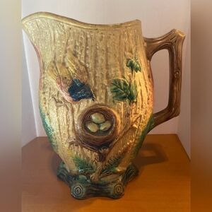 Antique Unmarked Majolica Bird Nest Tree Trunk Ceramic Pitcher Large Multicolor